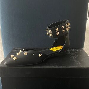 AMINAH Studded Black Ankle Strap Flats